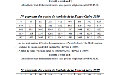 La liste des numéros de tombola gagnants de la Fancy-fair