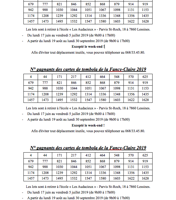 La liste des numéros de tombola gagnants de la Fancy-fair